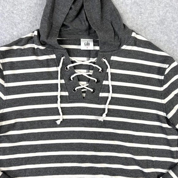CAbi Womens #5324 Windward Hoodie Top Size Small Gray White Striped Lace Up Neck - Picture 4 of 9